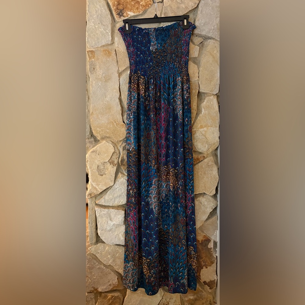 Raindrops by Papillion Smocked Strapless Maxi Dress Boho Size Small